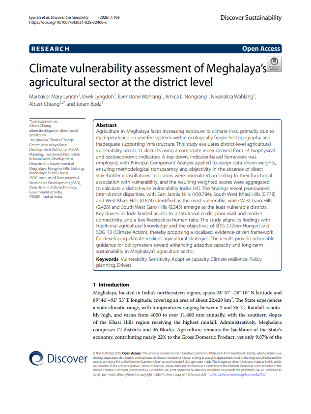 Climate vulnerability assessment of Meghalaya’s agricultural sector at the district level.