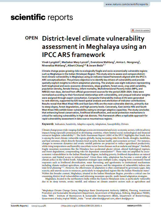 District-level climate vulnerability assessment in Meghalaya using an IPCC AR5 framework.