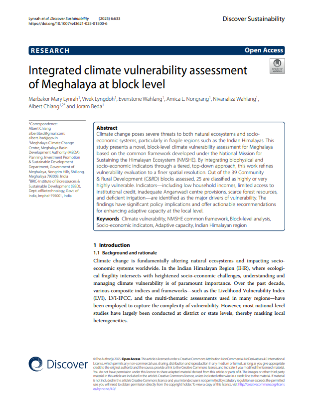 Integrated climate vulnerability assessment of Meghalaya at block level.